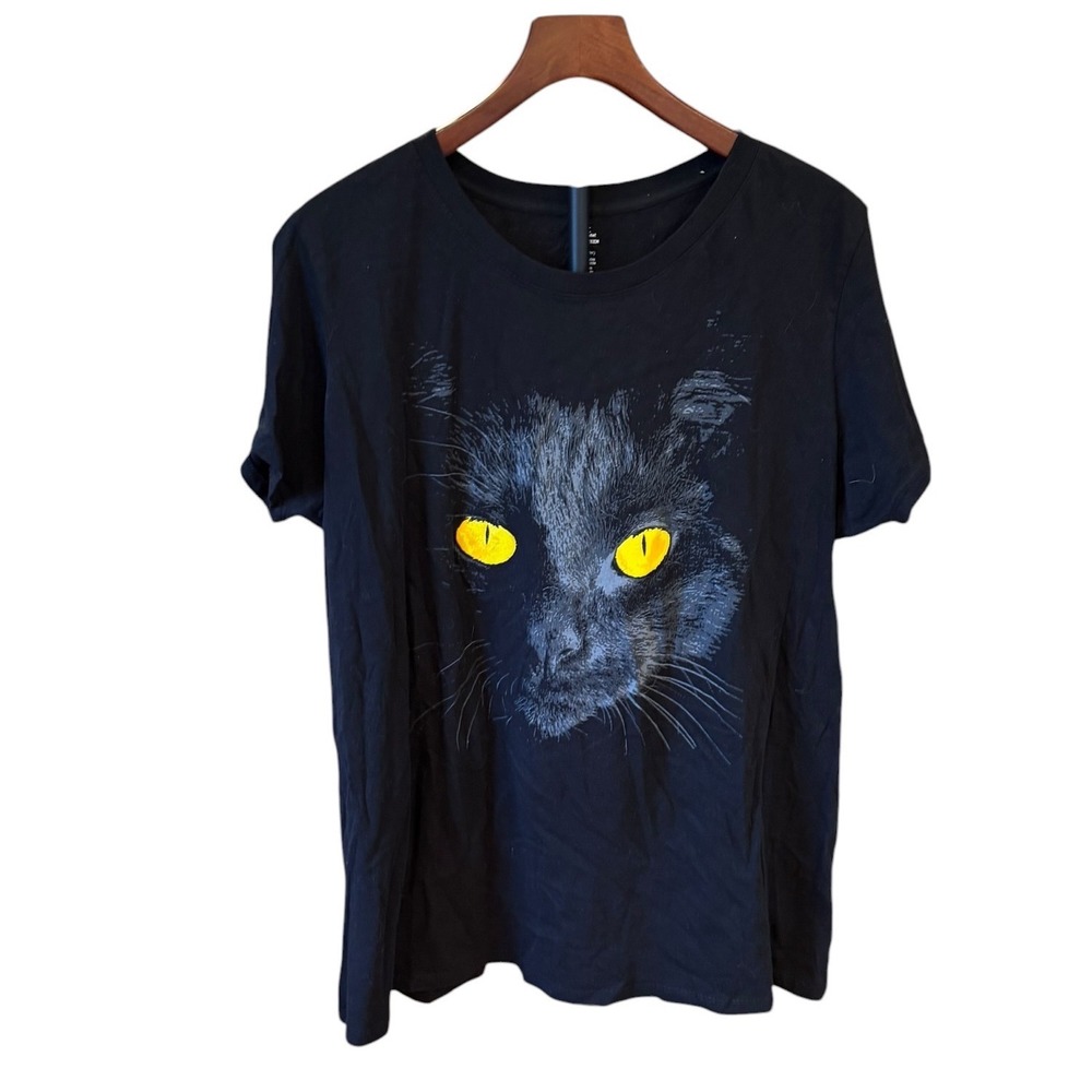 Celebrate! Halloween Black Cat Graphic TShirt Yellow Eyes 100% Cotton 3X 24W/26W